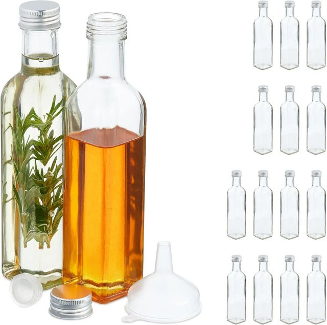 Relaxdays Glasflaschen zum Befüllen mit Trichter, transparent, 16er Pack, B/T/H: 4,5 x 4,5 x 22 cm - Bild 1