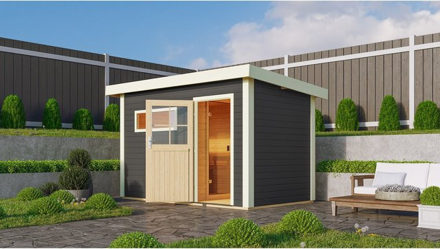 Karibu Saunahaus Ondo in Terragrau mit 9 kW Bio Ofen und externer Steuerung - Bild 1