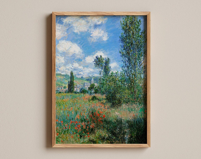 Impressionistischer Wanddruck von SHENCHEN mit Mohnblumen und Pappelbäumen in Vetheuil als klassisches Landschaftsgemälde in Mehrfarben - Bild 1