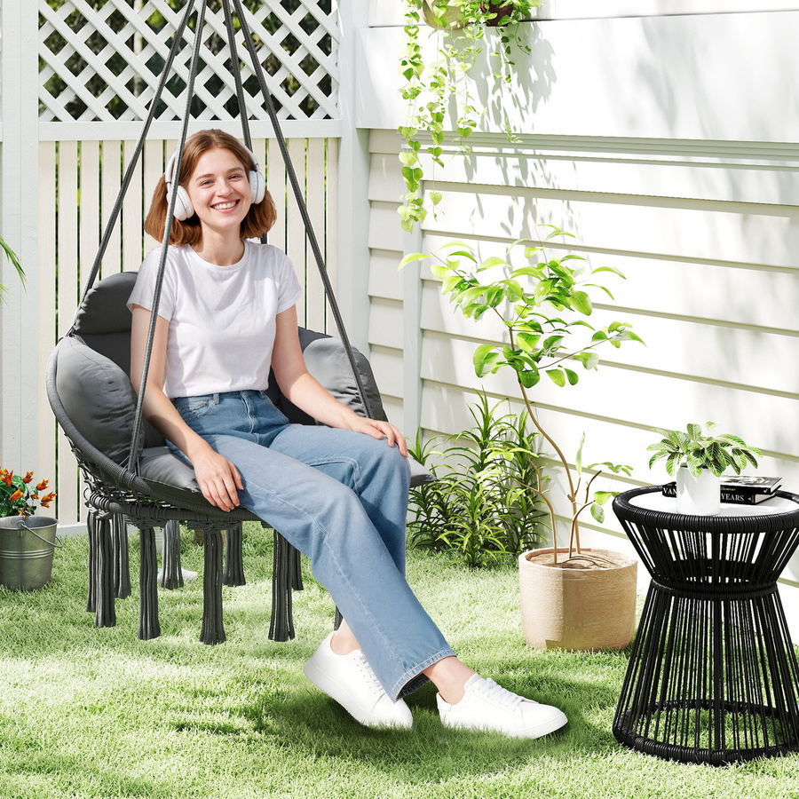 Outsunny Hängesessel im Boho-Design mit Stahlrahmen und gepolstertem Kissen, Dunkelgrau - Bild 2