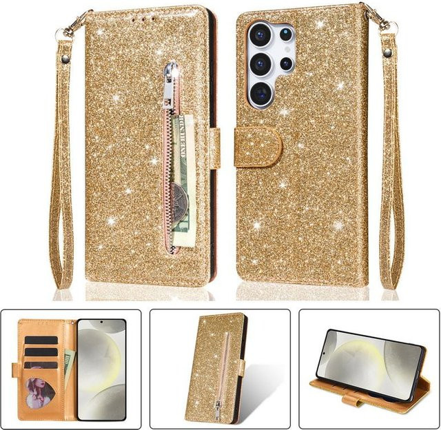 Glitzer Leder Flip Wallet Hülle mit Reißverschluss für Samsung Galaxy S23 S24 S25 Ultra und weitere Modelle, Farbe: Gold - Bild 1