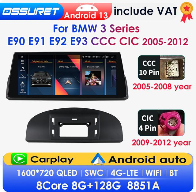OSSURET 2-DIN Android Autoradio für BMW 3er-Reihe E90 E91 E92 E93 CCC CIC (2005-2012) mit 10,25 Zoll Display, GPS, Bluetooth, Wireless Carplay, Android Auto, 4G, DSP und 360-Grad-Kamera in Schwarz - Bild 1