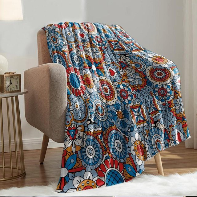 Warme Flanelldecke mit Mandala-Muster im Boho-Stil, Mehrfarbig - Bild 1