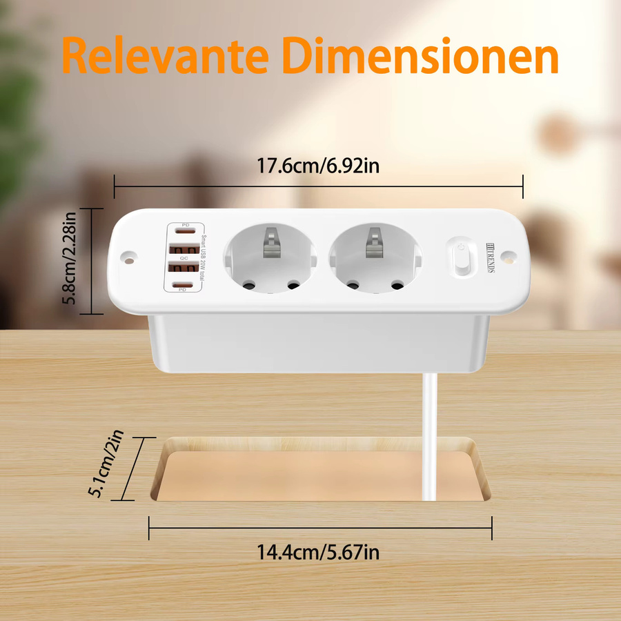 HITRENDS Tisch-Einbausteckdose in Weiß mit 2 AC-Steckdosen und 2 USB-C Schnellladeanschlüssen sowie 2 m Kabel - Bild 4