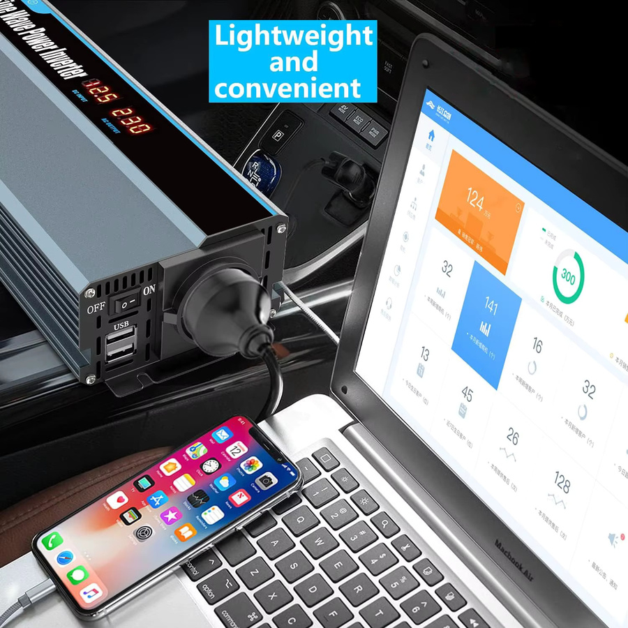 WUIETI Reiner Sinus-Wechselrichter 1000W DC 12V zu AC 230V mit 2000W Spitzenleistung, EU-Steckdose, USB-A und USB-C sowie LCD-Display für Auto und Wohnmobil - Bild 6