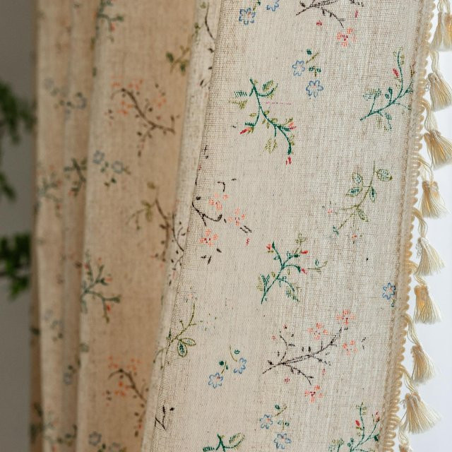 YT Daily Necessities Boho Café Vorhang aus Baumwolle und Leinen mit floralem Muster und Quastenbesatz in Beige, H: 214 cm, B: 132 cm - Bild 1