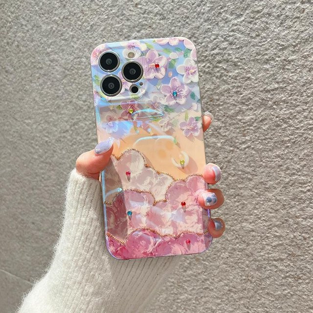 Luxuriöse Yiran Bag Handyhülle mit pinken Blumen und Glitzer-Laser-Effekt für iPhone 16 Pro Max 15 14 13 12 11 X XS XR 7 8 Plus SE, Stoßfest, Farbe: Weiß/Pink - Bild 1