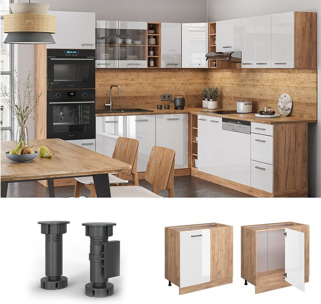 Vicco Eckunterschrank R-Line Küchenschrank in Weiß Hochglanz und Eiche mit Goldakzenten, Höhe: 86 cm - Bild 3