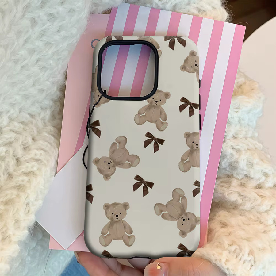 Potdemiel Handyhülle mit braunem Teddybär und Schleife für iPhone 17 16 15 14 13 12 Pro Max Plus mit doppelschichtiger Rückseite, Farbe: Braun - Bild 3