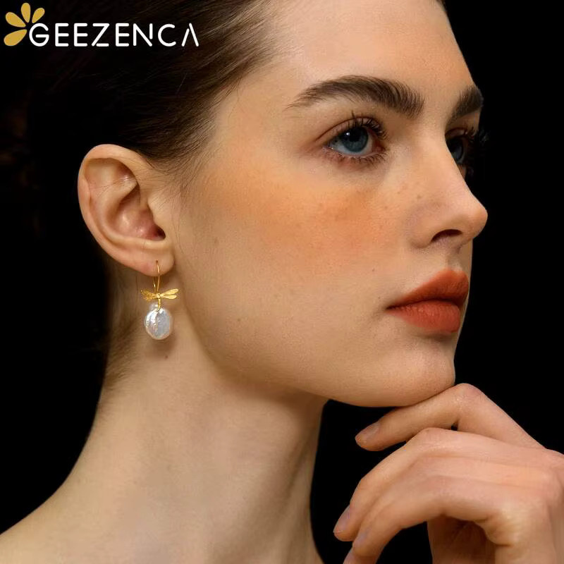 Geezenca Ohrringe, Libelle, Barock Perle, 925 Silber, Gold, Damen - Bild 2