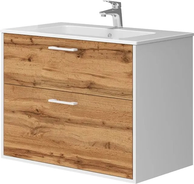 Vicco Badmöbel-Set Lanco modern in Weiß und Goldkraft Eiche mit Waschtisch und Spiegelschrank, B/T/H: 80 x 61,5 x 45,5 cm - Bild 1