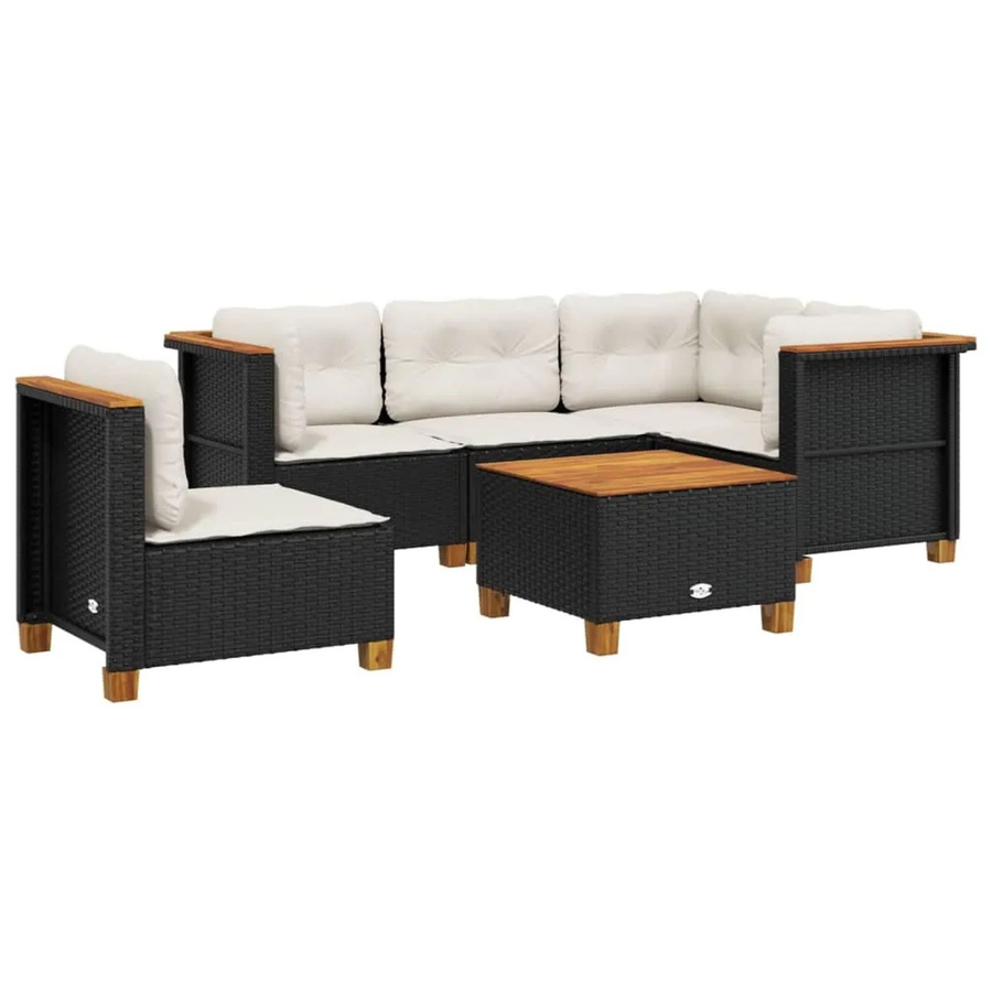 vidaXL 6-tlg Garten-Sofagarnitur in L-Form aus Polyrattan und Akazienholz mit Kissen, Schwarz - Bild 2