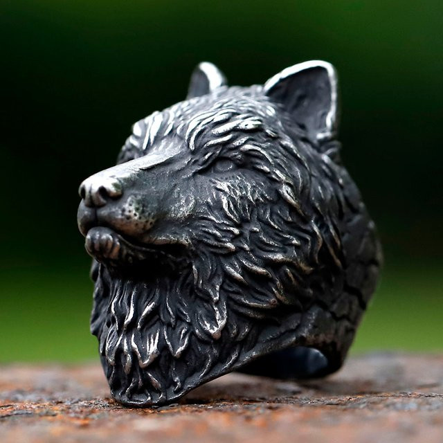 Ring Wolfskopf, Edelstahl, Silber, Herren - Bild 1