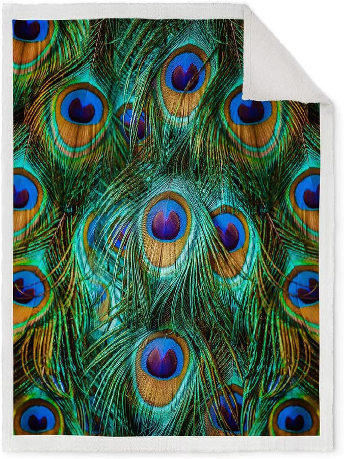 Jekeno Überwurfdecke mit Pfauenfedern Design, weiche Fleece und Sherpa Decke in Multicolour, B/T: 127 x 101 cm - Bild 2