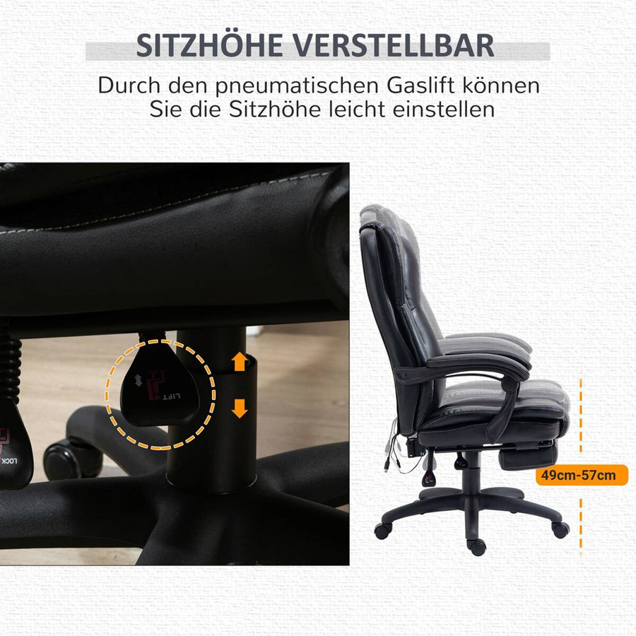 Vinsetto Bürostuhl mit Massagefunktion und Fußstütze in Schwarz aus Kunstleder, B/T/H: 68,5 x 68,5 x 120 cm - Bild 6