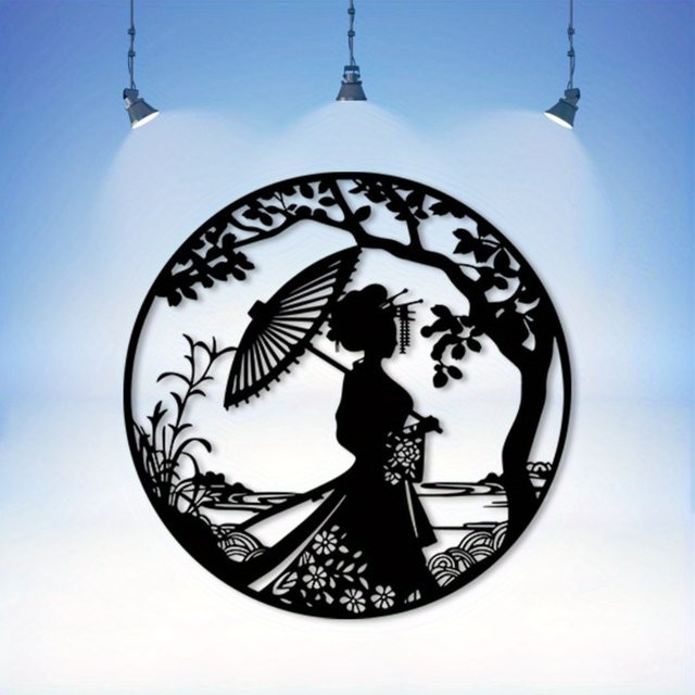 Sakura Geisha Metall-Wandkunst von CIFBUY – Schwarze Japanische Skulptur mit Floralem Portrait-Design - Bild 1