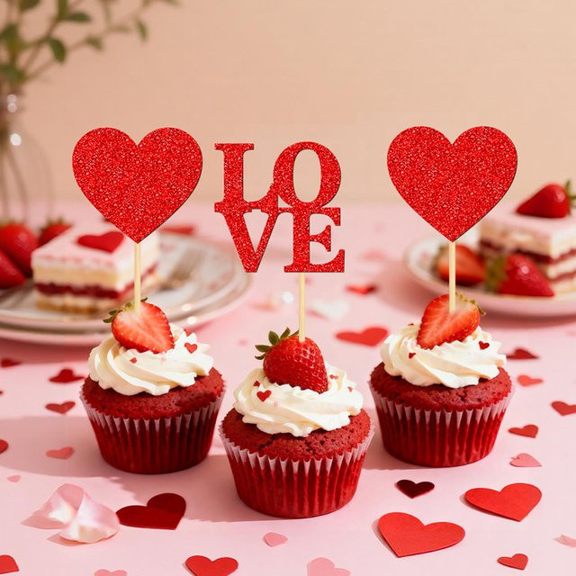 YOMDID 24 Stück Cupcake-Topper zum Valentinstag in Rot mit glitzernden Liebesherzen als Kuchendekoration - Bild 1