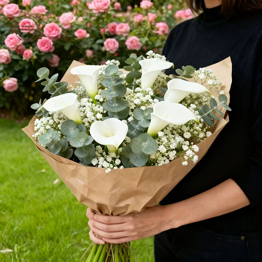 Künstlicher Blumenstrauß mit Calla-Lilien und Gypsophila in Weiß von YN HI FLOWER ENJOY YOUR LIFE - Bild 2