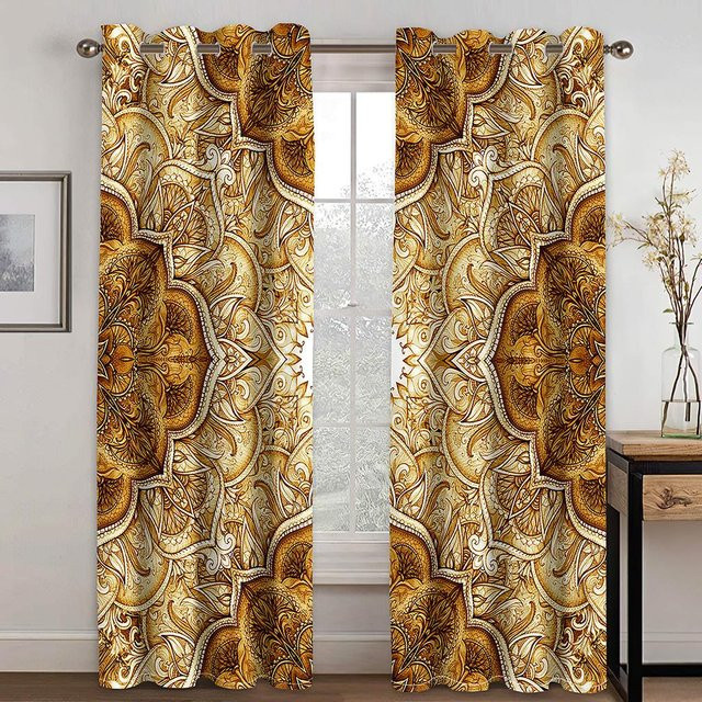 2er-Set Vorhänge mit goldenem Blumen- und Kristallmuster, semi-transparent, Polyester, B: 70 cm, H: 245 cm - Bild 1