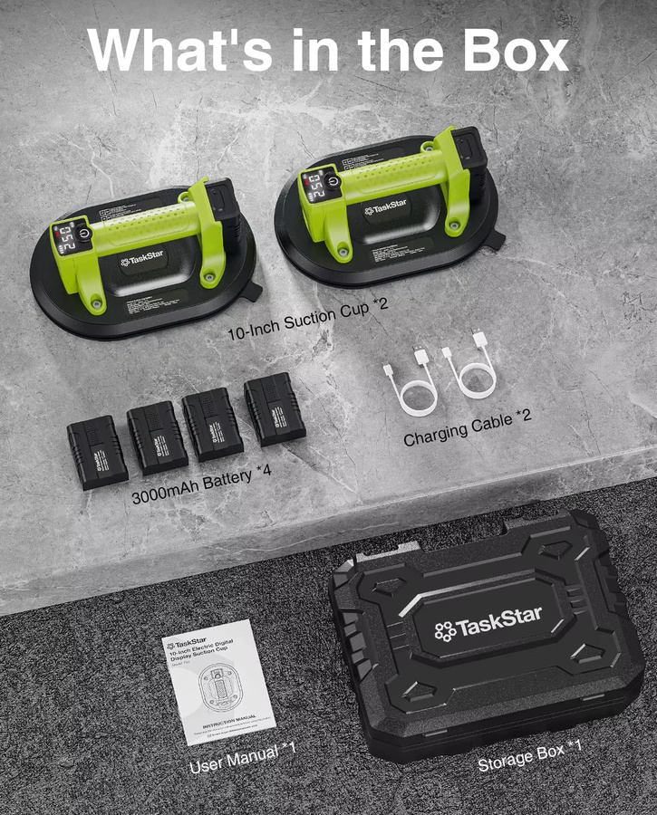 TaskStar 2er-Pack Elektrische Saugnäpfe für Glas- und Fliesenheben mit 250 kg Schwerlastkapazität, 10-Zoll Handgehaltener Fliesen-Vakuumheber inklusive 4 Batterien à 3000mAh - Bild 8