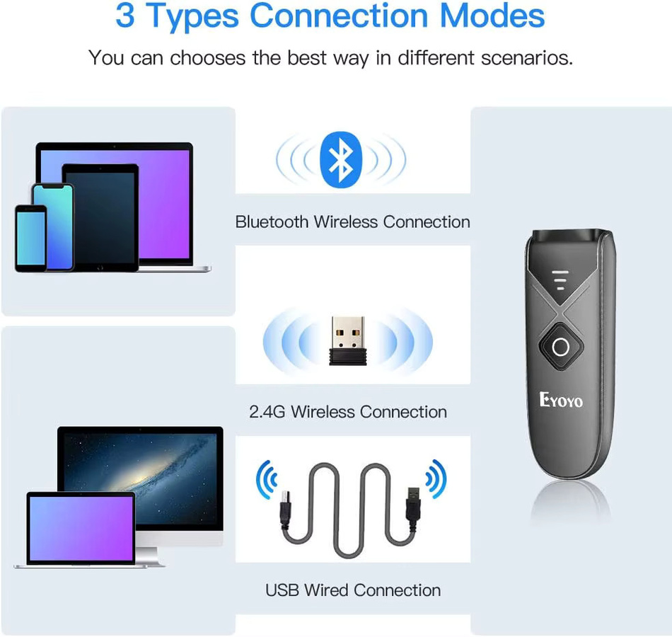 EYOYO Bluetooth 1D/2D Barcode-Scanner kabelloser Laser-Barcodeleser in Schwarz für iOS, Android und Windows - Bild 2