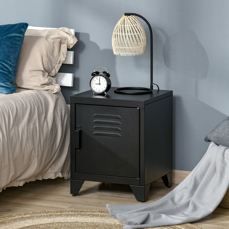 HOMCOM Nachttisch Nachtschrank mit verstellbarem Regal und Tür aus Metall in Schwarz im industriellen Stil, B/T/H: 50 x 40 x 47,5 cm - Bild 2