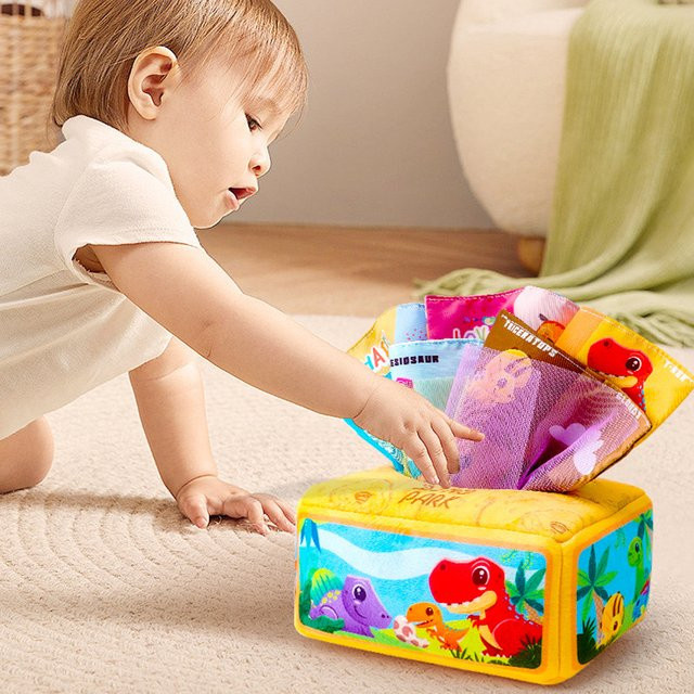 Kidsbele Baby-Taschentuchbox aus Plüsch als Montessori Lernspielzeug mit sensorischem Knisterpapier in Mehrfarbig für Kleinkinder - Bild 1