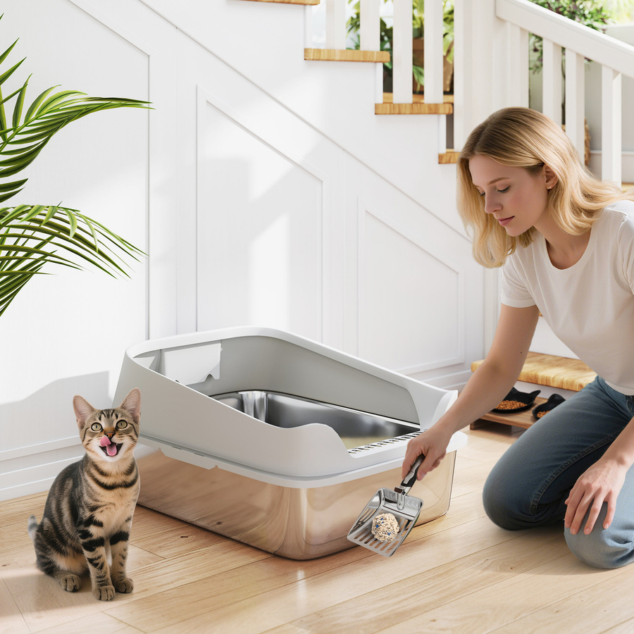 PawHut Katzentoilette aus Edelstahl in Grau, offene Katzenklo XXL mit hohem Rand und Schaufel für Katzen bis 12 kg, B: 69,8 cm, T: 50,3 cm, H: 29,8 cm - Bild 2