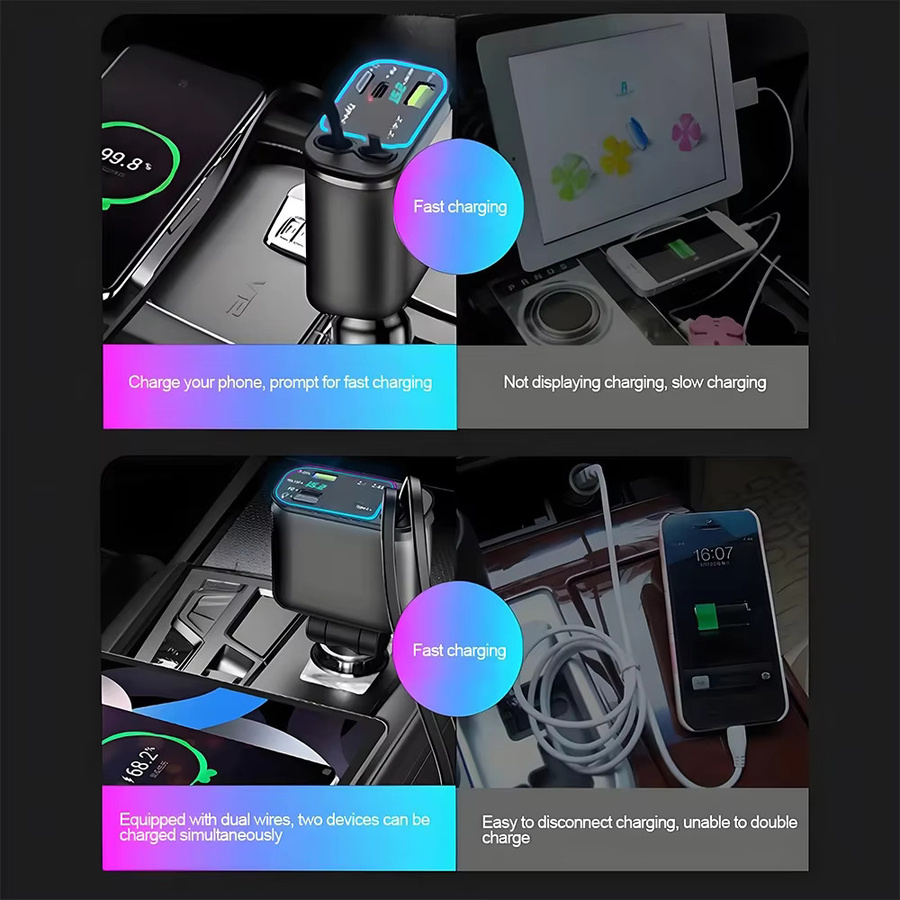 KEBETEME 150W Auto-Ladegerät mit einziehbarem USB-C PD Schnellladekabel in Schwarz für Samsung und Huawei als Universal Zigarettenanzünder-Adapter - Bild 4