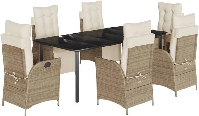 vidaXL 7-teilige Garten-Essgruppe aus Poly-Rattan mit Kissen in Beige und Tisch mit gehärtetem Glas - Bild 1