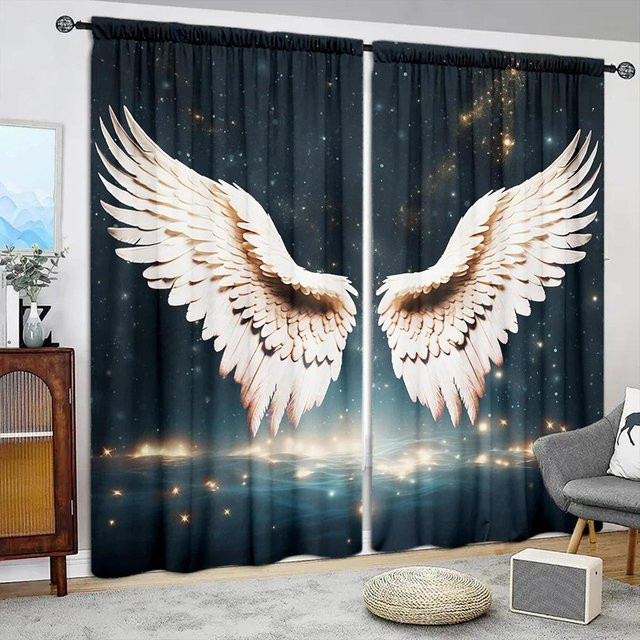 2er-Set Vorhang mit Engelsflügel-Druck in Weiß, halbtransparentes Fensterdekor aus Polyester, Breite: 52,5 cm, Höhe: 116 cm - Bild 1