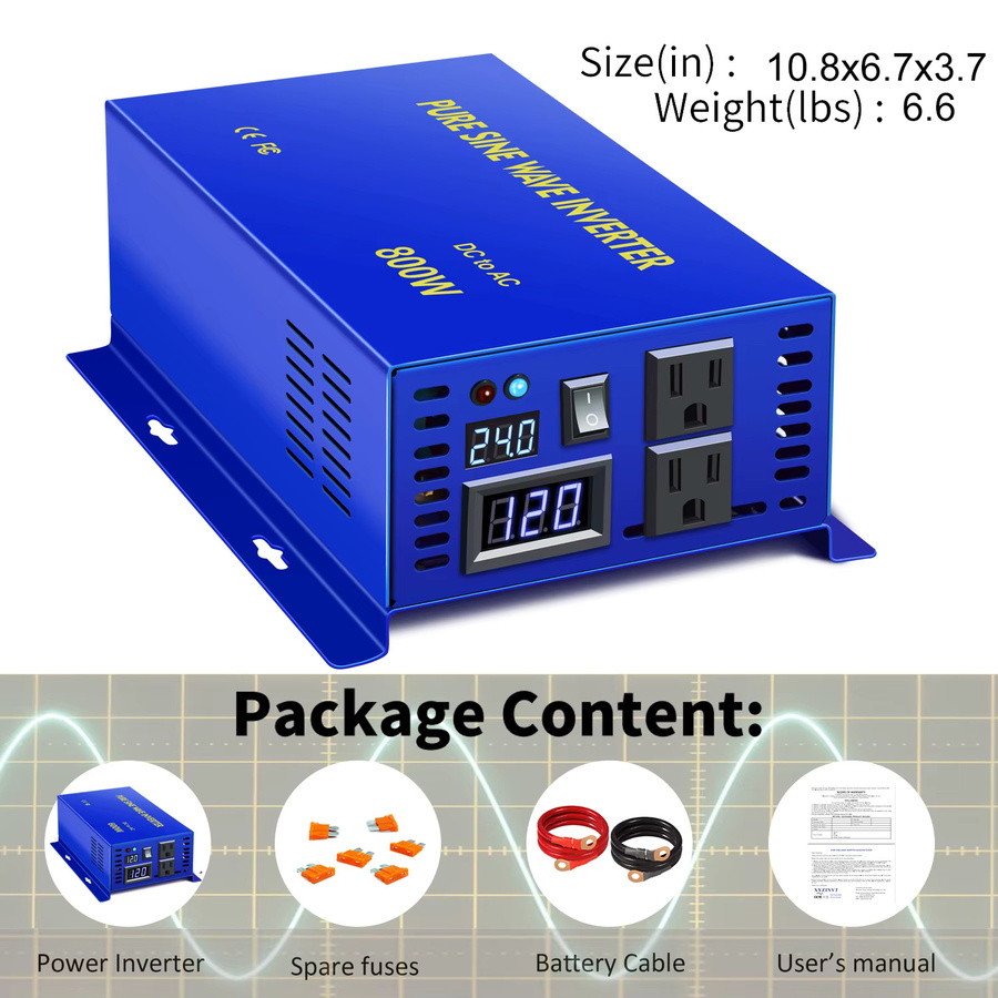 Solar Inverter Wechselrichter mit reiner Sinuswelle 800 W, DC zu AC Konverter für 12 V, 24 V, 48 V, 72 V, 96 V auf 110 V bis 240 V, Farbe: Blau - Bild 3