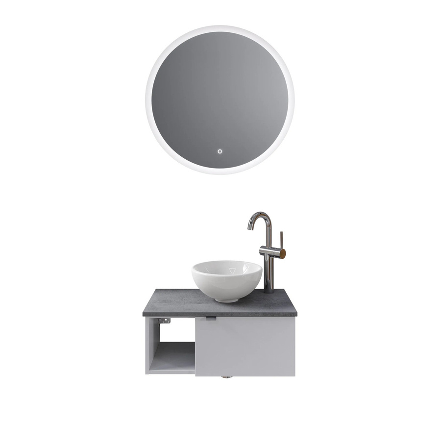 Pelipal Badmöbel-Set Serie 6915 in Weiß Glanz und Dunkelgrau Oxid mit Keramik Aufsatzbecken, Waschtischunterschrank und Funktionsspiegel mit LED-Beleuchtung und Sensor-Schalter - Bild 2