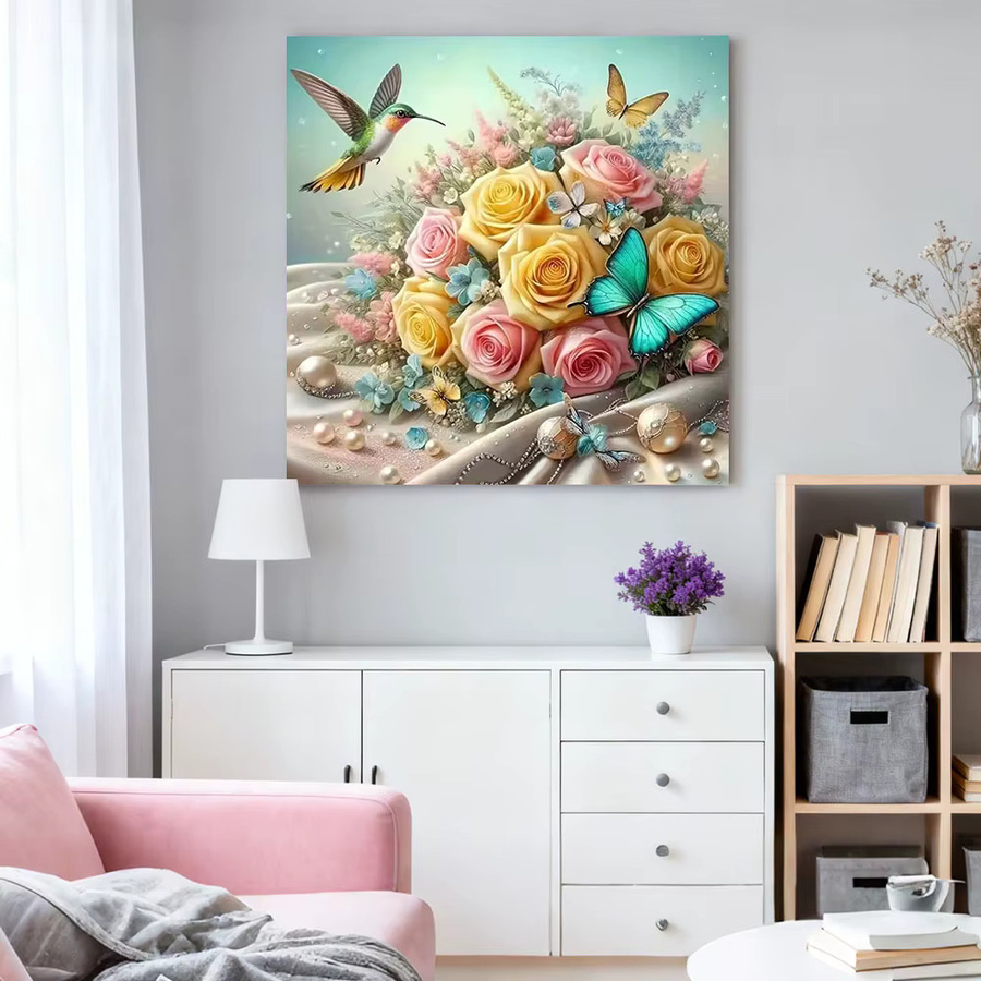 HUACAN 5D DIY Diamantmosaik Set Kolibri und Blumen in Multicolour mit runden Strasssteinen - Bild 2