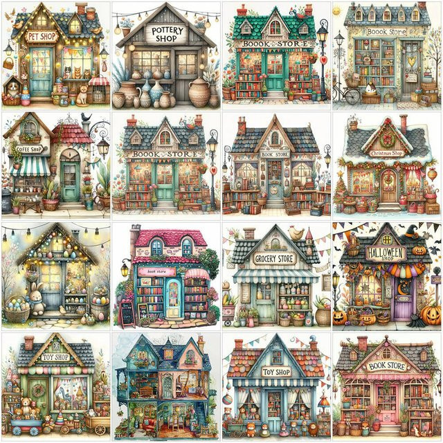 YUTTEE 5D Diamant Malerei DIY Mosaik Set Haus Landschaft Wanddeko Multicolor mit runden Steinen - Bild 1