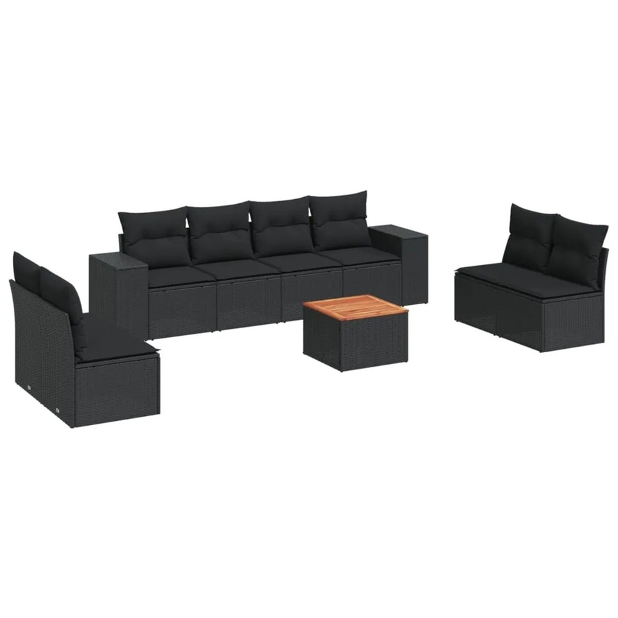vidaXL 9-tlg Garten-Sofagarnitur aus Poly-Rattan und Akazienholz in Schwarz mit Kissen - Bild 2