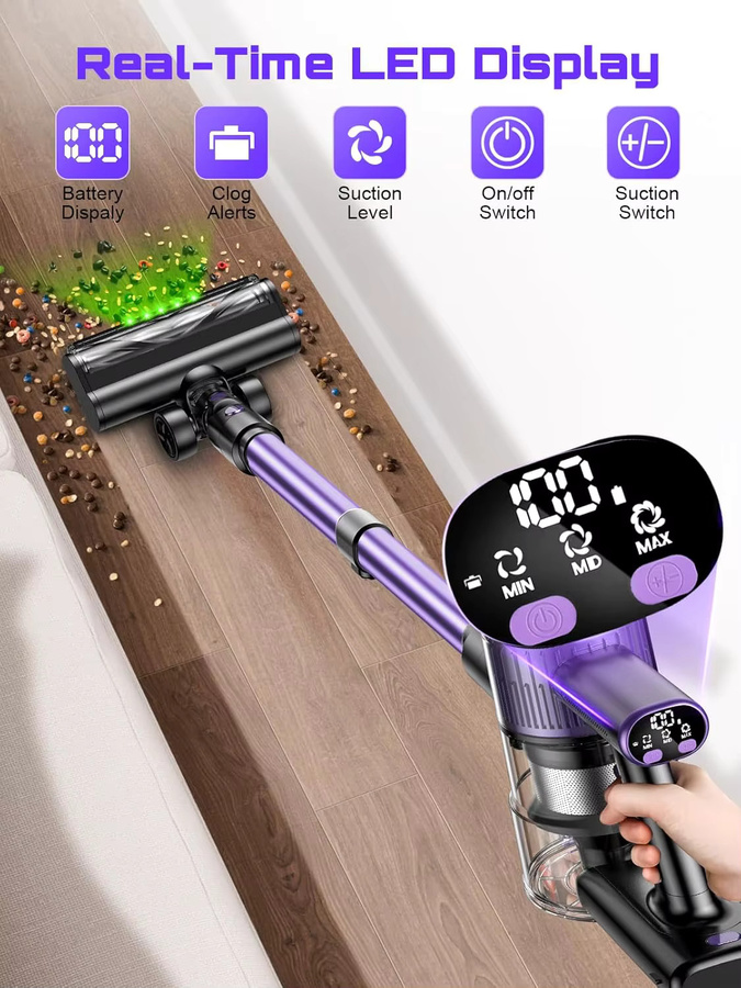 SUXIANGVAC Kabelloser Stabstaubsauger in Lila, 500W mit 55Kpa Saugkraft, 10-in-1 Beutelloses Modell für Tierhaare, Hartböden und Teppiche mit 45min Laufzeit - Bild 3