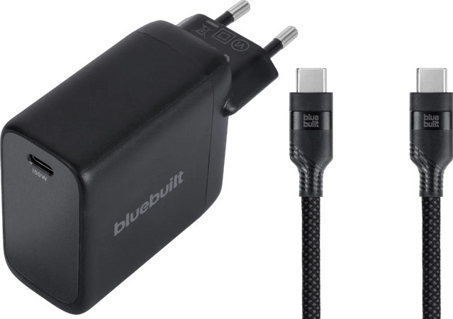 BlueBuilt 100 W GaN USB-C-Ladegerät Schwarz mit 240 W USB-C-Kabel aus Nylon 2 m Schwarz - Bild 1