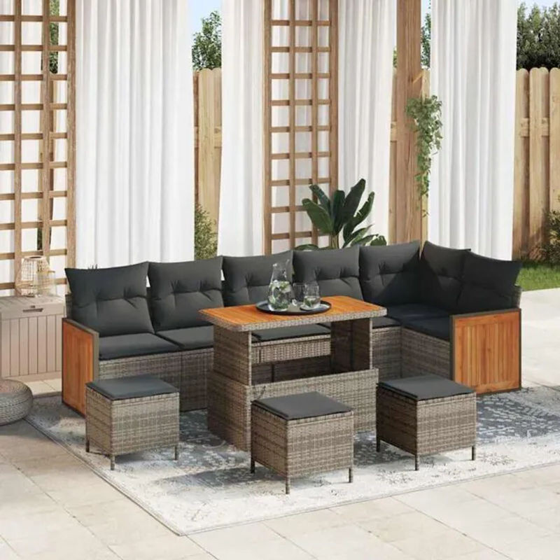 vidaxl Garten-Sofa-Set aus Polyrattan mit 10-teiligem Kissen-Set in Grau, modernes Loungemöbel-Set aus Rattan und Metall - Bild 1