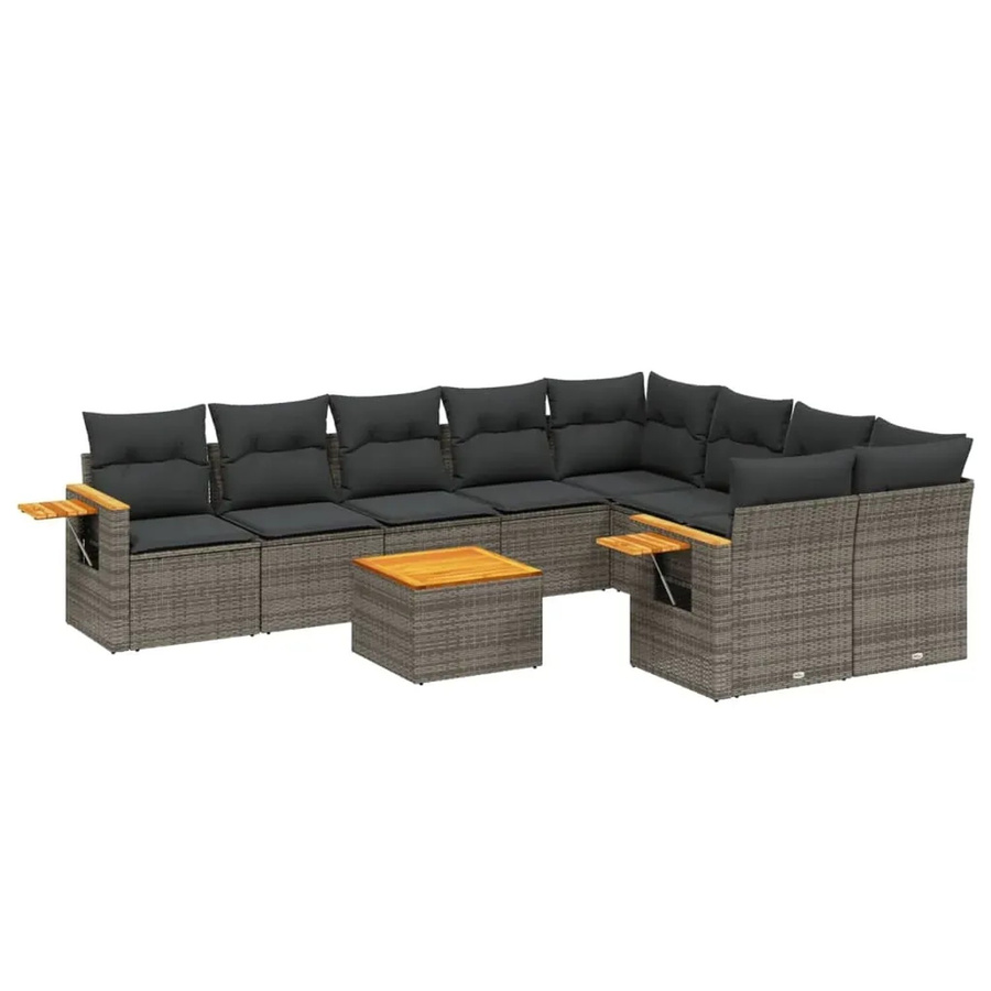 vidaXL 10-tlg. Garten-Sofagarnitur aus Poly-Rattan und Akazienholz in Grau mit Kissen - Bild 2