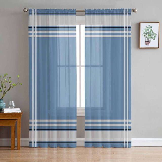 A Family Of Home Textiles Transparente Tüll-Gardine mit blauem Streifenmuster in Grau, Breite: 135 cm, Höhe: 114 cm - Bild 1