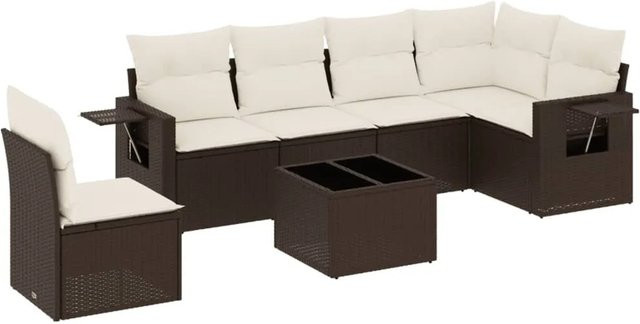 vidaXL 7-tlg. Garten-Sitzgruppe aus Polyrattan in Braun mit Kissen und L-Form - Bild 1