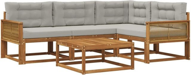 vidaXL Outdoor-Sofagarnitur L-Form aus Akazienholz mit 5 Kissen in Natur und Grau - Bild 1