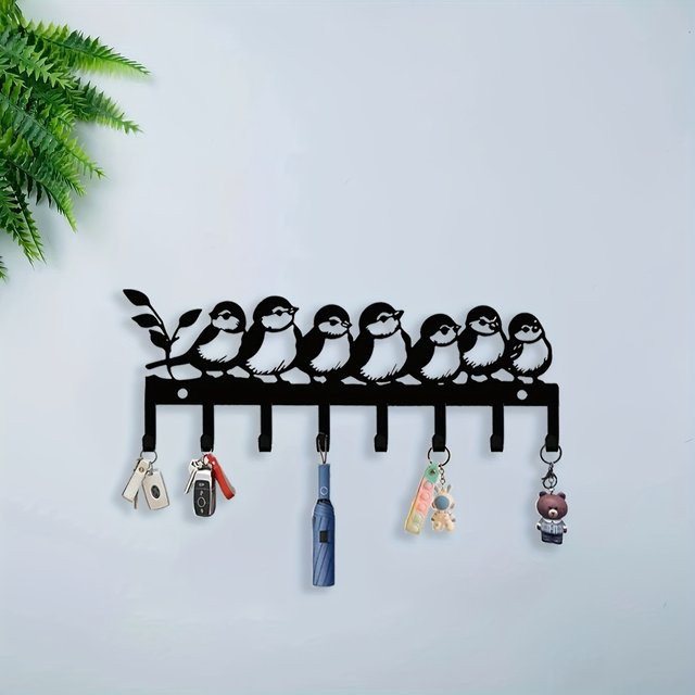 CIFBUY Schlüsselhalter aus Metall zur Wandmontage mit Vogelmuster in Schwarz, rostfreier Haken für Schlüssel und Hüte - Bild 1