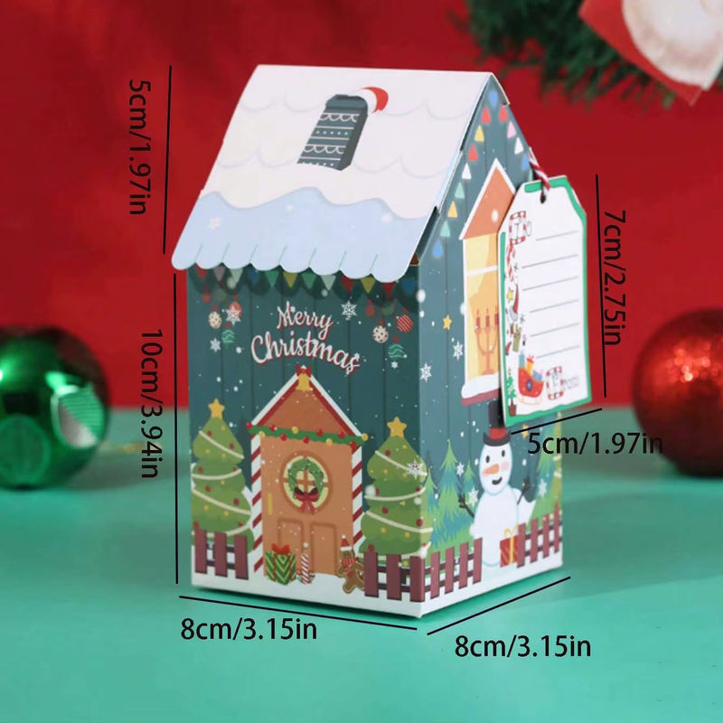 50 Stück Weihnachts Geschenkboxen aus Papier mit Schneemann und Lebkuchenhaus Motiv in Grün und Mehrfarbig - Bild 3