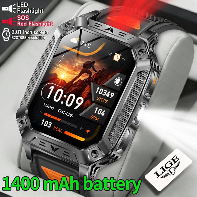 LIGE Militär-Smartwatch für Herren in Schwarz mit 1400mAh Akku, GPS-Tracker, Bluetooth-Anrufen, Herzfrequenzmessung und Fitness-Taschenlampe - Bild 1