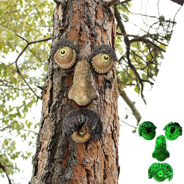 Yazy Baumgesichter-Dekoration für den Außenbereich, leuchtende Gartenstatuen in Braun aus Resin - Bild 1
