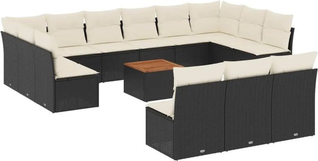 vidaXL 14-tlg. Garten-Sofagarnitur aus Polyrattan in Schwarz mit Kissen und Couchtisch, L-Form Set für Terrasse und Garten - Bild 1
