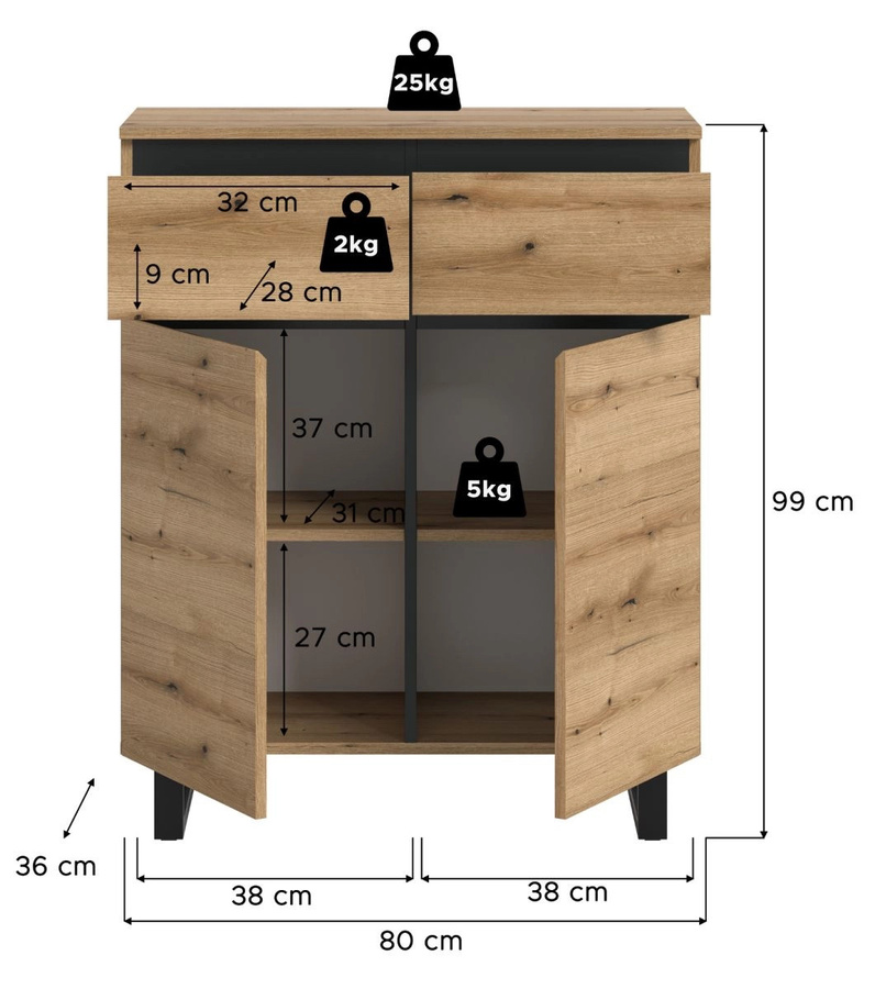 Kommode Gelia von Inn.Furn in Eiche und Schwarz mit Soft-Close-Schubladen, B: 80 cm, H: 99 cm - Bild 6