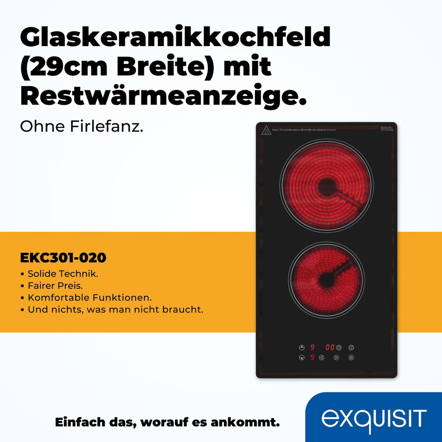 Exquisit EKC301-020 Glaskeramik-Kochfeld in Schwarz, elektrisch, Einbaugerät mit Timer und Restwärmeanzeige - Bild 3